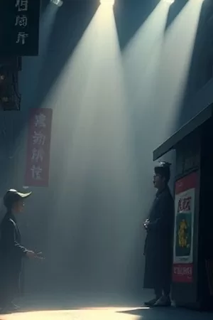 风穿过旧影院海报：空荡放映厅与光束